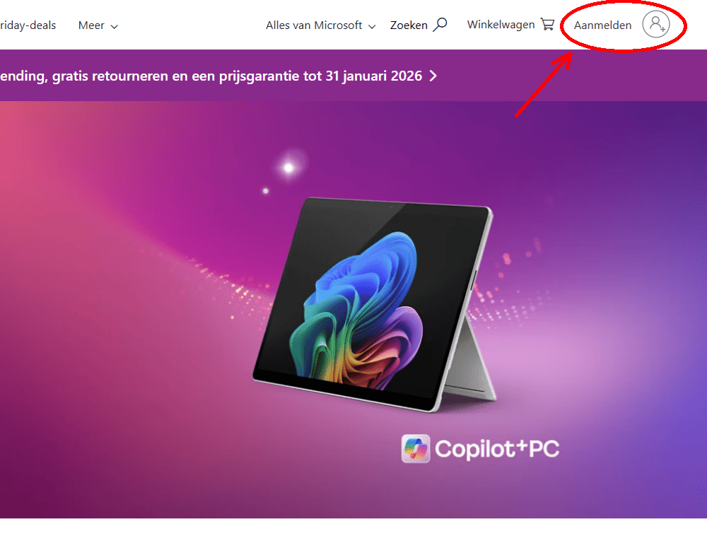 Microsoft-homepage met rechtsboven de knop ‘Aanmelden’ om in te loggen op uw Microsoft-account voor BitLocker-herstelsleutels.