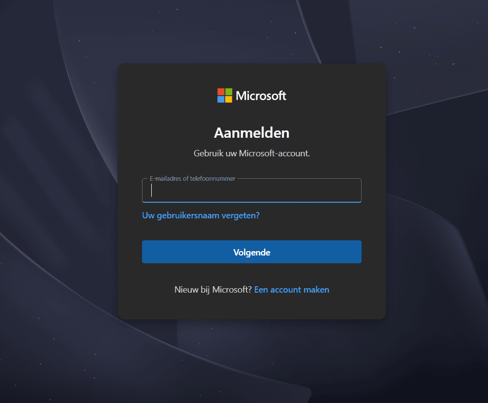 Aanmeldscherm van Microsoft waar u e-mailadres of telefoonnummer invoert om uw BitLocker-herstelsleutel op te vragen.