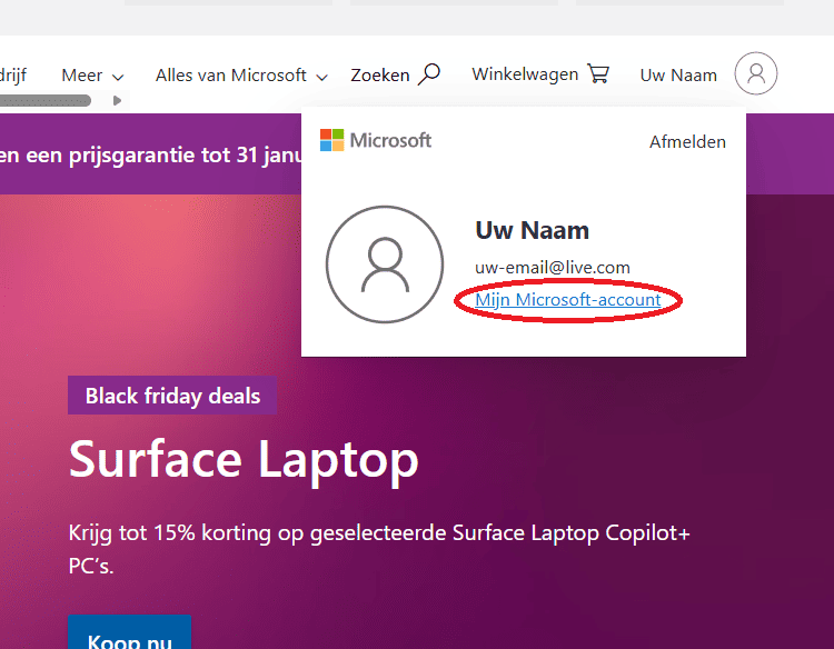 Ingelogde Microsoft-pagina met het profielmenu en de link ‘Mijn Microsoft-account’ naar het accountdashboard.