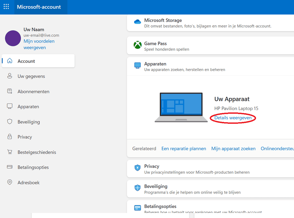 Overzicht met apparaten in uw Microsoft-account met bij de juiste laptop de link ‘Details weergeven’ voor BitLocker-instellingen.