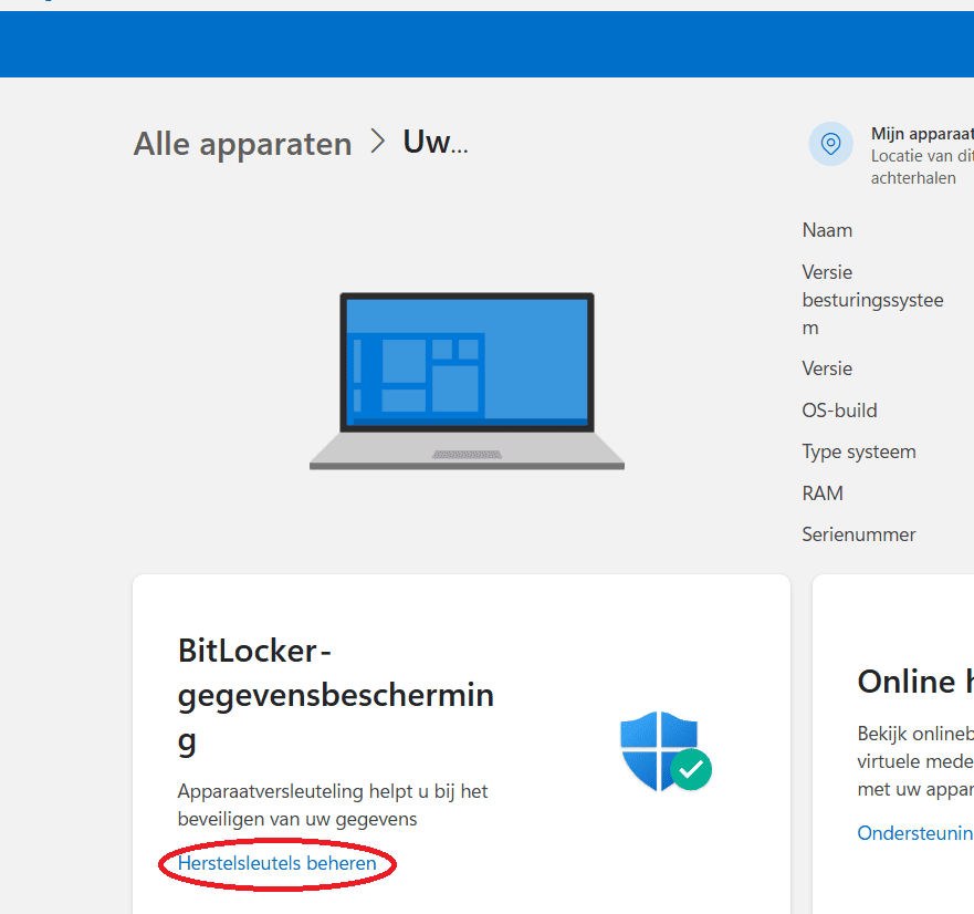 Apparaatpagina met tegel ‘BitLocker-gegevensbescherming’ en de link ‘Herstelsleutels beheren’ in het Microsoft-account.