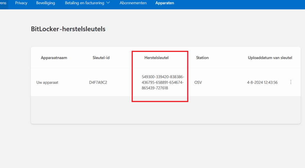 Pagina ‘BitLocker-herstelsleutels’ met de 48-cijferige herstelsleutel van uw Windows-apparaat in het Microsoft-account.