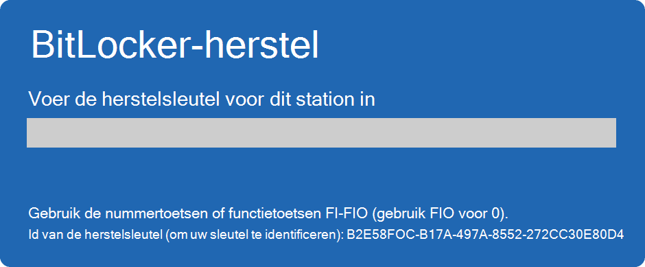 Blauw Windows BitLocker-herstel scherm waarin u de 48-cijferige BitLocker-herstelsleutel voor het versleutelde station moet invoeren.