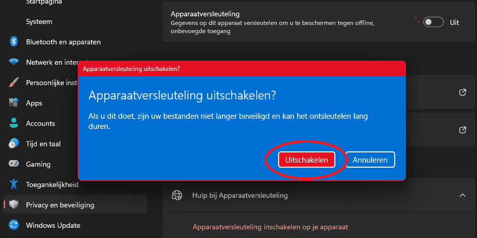 Bevestigingsvenster ‘Apparaatversleuteling uitschakelen?’ in Windows 11 met de knop ‘Uitschakelen’ om BitLocker-versleuteling te stoppen.