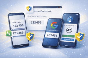 Illustratie van tweestapsverificatie (2FA) met verschillende inlogmethoden zoals sms-code, e-mailverificatie, Google Authenticator en Microsoft Authenticator op smartphone en computer.