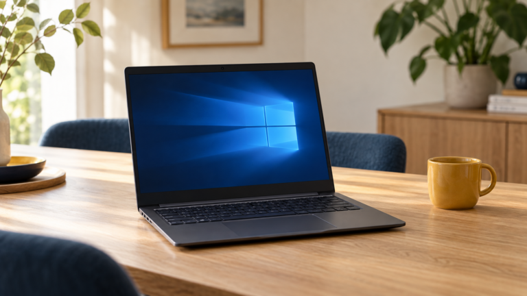 Laptop met het herkenbare blauwe Windows 10-scherm op een tafel thuis