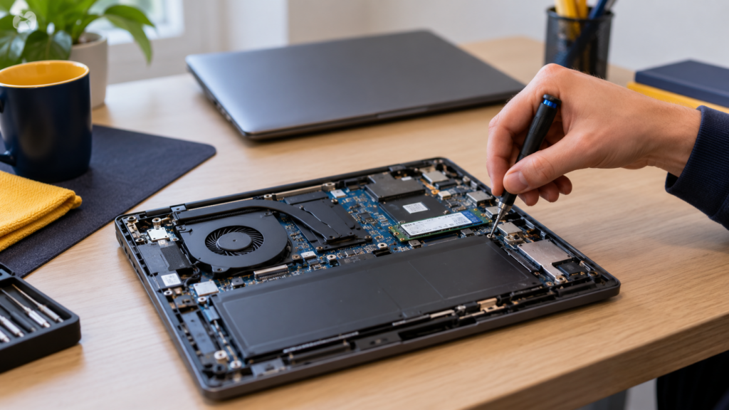 Technicus controleert de onderdelen van een geopende laptop