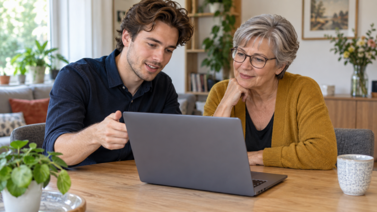 Illustratie van persoonlijke uitleg bij het kiezen en gebruiken van een laptop
